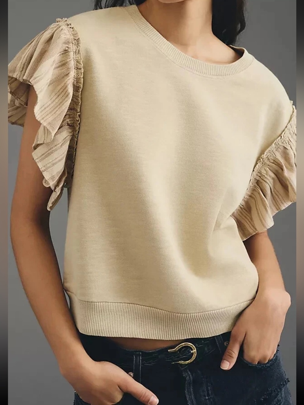 PILCRO • ANTHROPOLOGIE Flutter Sleeve Sweatshirt Tee Tan Oversized Size XXS